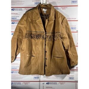 Vintage Santa Fe Brown Tan‎ Genuine Leather Fringe Studded Jacket Size Large